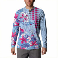Hawaiian Tribal Manta Ray Button Sweatshirt Kakau Tattoo and Flowers Surfing Waves Pattern Soft Color LT03 - Polynesian Pride