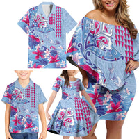 Hawaiian Tribal Manta Ray Family Matching Off Shoulder Short Dress and Hawaiian Shirt Kakau Tattoo and Flowers Surfing Waves Pattern Soft Color