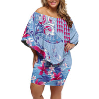 Hawaiian Tribal Manta Ray Family Matching Off Shoulder Short Dress and Hawaiian Shirt Kakau Tattoo and Flowers Surfing Waves Pattern Soft Color