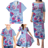 Hawaiian Tribal Manta Ray Family Matching Puletasi and Hawaiian Shirt Kakau Tattoo and Flowers Surfing Waves Pattern Soft Color