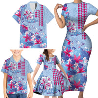 Hawaiian Tribal Manta Ray Family Matching Short Sleeve Bodycon Dress and Hawaiian Shirt Kakau Tattoo and Flowers Surfing Waves Pattern Soft Color