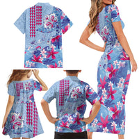 Hawaiian Tribal Manta Ray Family Matching Short Sleeve Bodycon Dress and Hawaiian Shirt Kakau Tattoo and Flowers Surfing Waves Pattern Soft Color