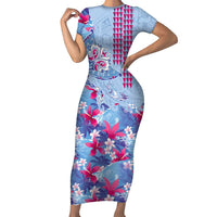 Hawaiian Tribal Manta Ray Family Matching Short Sleeve Bodycon Dress and Hawaiian Shirt Kakau Tattoo and Flowers Surfing Waves Pattern Soft Color