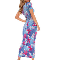 Hawaiian Tribal Manta Ray Family Matching Short Sleeve Bodycon Dress and Hawaiian Shirt Kakau Tattoo and Flowers Surfing Waves Pattern Soft Color