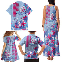 Hawaiian Tribal Manta Ray Family Matching Tank Maxi Dress and Hawaiian Shirt Kakau Tattoo and Flowers Surfing Waves Pattern Soft Color