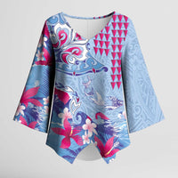 Hawaiian Tribal Manta Ray Kimono Sleeve Blouse Kakau Tattoo and Flowers Surfing Waves Pattern Soft Color LT03 Female Multicolor - Polynesian Pride