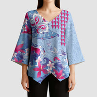 Hawaiian Tribal Manta Ray Kimono Sleeve Blouse Kakau Tattoo and Flowers Surfing Waves Pattern Soft Color LT03 - Polynesian Pride