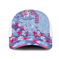 Hawaiian Tribal Manta Ray Mesh Trucker Cap Kakau Tattoo and Flowers Surfing Waves Pattern Soft Color LT03 One Size White Multicolor - Polynesian Pride