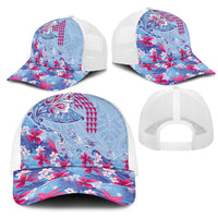 Hawaiian Tribal Manta Ray Mesh Trucker Cap Kakau Tattoo and Flowers Surfing Waves Pattern Soft Color LT03 - Polynesian Pride