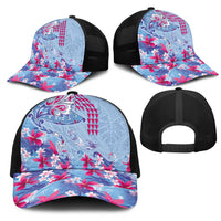 Hawaiian Tribal Manta Ray Mesh Trucker Cap Kakau Tattoo and Flowers Surfing Waves Pattern Soft Color LT03 - Polynesian Pride