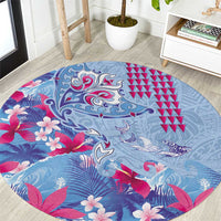 Hawaiian Tribal Manta Ray Round Carpet Kakau Tattoo and Flowers Surfing Waves Pattern Soft Color LT03 Multicolor - Polynesian Pride