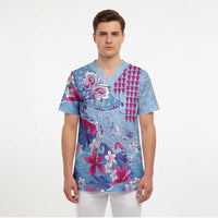 Hawaiian Tribal Manta Ray Scrub Top Kakau Tattoo and Flowers Surfing Waves Pattern Soft Color LT03 - Polynesian Pride