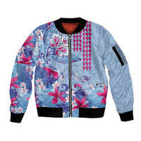 Hawaiian Tribal Manta Ray Sleeve Zip Bomber Jacket Kakau Tattoo and Flowers Surfing Waves Pattern Soft Color LT03 Unisex Multicolor - Polynesian Pride