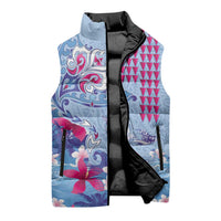 Hawaiian Tribal Manta Ray Sleeveless Puffer Jacket Kakau Tattoo and Flowers Surfing Waves Pattern Soft Color LT03 - Polynesian Pride