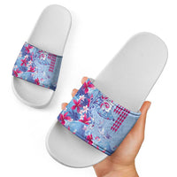 Hawaiian Tribal Manta Ray Slide Sandals Kakau Tattoo and Flowers Surfing Waves Pattern Soft Color