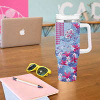 Hawaiian Tribal Manta Ray Tumbler With Handle Kakau Tattoo and Flowers Surfing Waves Pattern Soft Color LT03 - Polynesian Pride