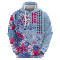 Hawaiian Tribal Manta Ray Zip Hoodie Kakau Tattoo and Flowers Surfing Waves Pattern Soft Color