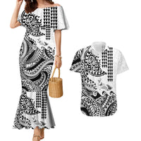 Hawaiian Tribal Manta Ray Couples Matching Mermaid Dress and Hawaiian Shirt Kakau Tattoo and Polynesian Art Motif Pattern