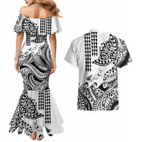 Hawaiian Tribal Manta Ray Couples Matching Mermaid Dress and Hawaiian Shirt Kakau Tattoo and Polynesian Art Motif Pattern