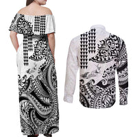 Hawaiian Tribal Manta Ray Couples Matching Off Shoulder Maxi Dress and Long Sleeve Button Shirt Kakau Tattoo and Polynesian Art Motif Pattern