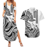 Hawaiian Tribal Manta Ray Couples Matching Summer Maxi Dress and Hawaiian Shirt Kakau Tattoo and Polynesian Art Motif Pattern