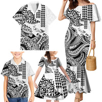 Hawaiian Tribal Manta Ray Family Matching Mermaid Dress and Hawaiian Shirt Kakau Tattoo and Polynesian Art Motif Pattern
