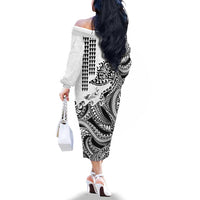 Hawaiian Tribal Manta Ray Family Matching Off The Shoulder Long Sleeve Dress and Hawaiian Shirt Kakau Tattoo and Polynesian Art Motif Pattern