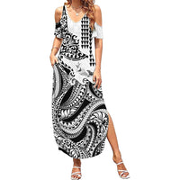Hawaiian Tribal Manta Ray Summer Maxi Dress Kakau Tattoo and Polynesian Art Motif Pattern LT03 Women Multicolor - Polynesian Pride