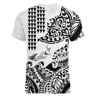 Hawaiian Tribal Manta Ray Women V-Neck T-Shirt Kakau Tattoo and Polynesian Art Motif Pattern