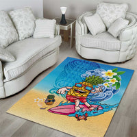 Hawaiian Funny Pineapple Surfing Area Rug Beach with Tribal Kakau and Plumeria