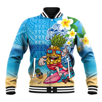 Hawaiian Funny Pineapple Surfing Baseball Jacket Beach with Tribal Kakau and Plumeria LT03 Unisex Multicolor - Polynesian Pride
