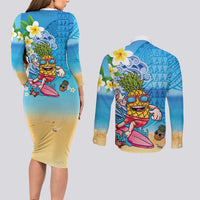 Hawaiian Funny Pineapple Surfing Couples Matching Long Sleeve Bodycon Dress and Long Sleeve Button Shirt Beach with Tribal Kakau and Plumeria