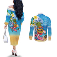Hawaiian Funny Pineapple Surfing Couples Matching Off The Shoulder Long Sleeve Dress and Long Sleeve Button Shirt Beach with Tribal Kakau and Plumeria