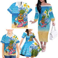 Hawaiian Funny Pineapple Surfing Family Matching Off The Shoulder Long Sleeve Dress and Hawaiian Shirt Beach with Tribal Kakau and Plumeria