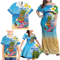 Hawaiian Funny Pineapple Surfing Family Matching Off Shoulder Maxi Dress and Hawaiian Shirt Beach with Tribal Kakau and Plumeria