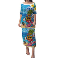 Hawaiian Funny Pineapple Surfing Family Matching Puletasi and Hawaiian Shirt Beach with Tribal Kakau and Plumeria
