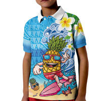 Hawaiian Funny Pineapple Surfing Kid Polo Shirt Beach with Tribal Kakau and Plumeria