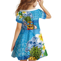 Hawaiian Funny Pineapple Surfing Kid Short Sleeve Dress Beach with Tribal Kakau and Plumeria