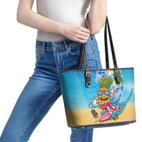 Hawaiian Funny Pineapple Surfing Leather Tote Bag Beach with Tribal Kakau and Plumeria LT03 - Polynesian Pride