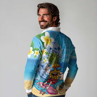 Hawaiian Funny Pineapple Surfing Long Sleeve Polo Shirt Beach with Tribal Kakau and Plumeria