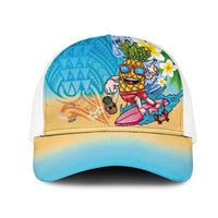 Hawaiian Funny Pineapple Surfing Mesh Trucker Cap Beach with Tribal Kakau and Plumeria LT03 One Size White Multicolor - Polynesian Pride