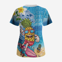 Hawaiian Funny Pineapple Surfing Scrub Top Beach with Tribal Kakau and Plumeria LT03 - Polynesian Pride