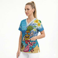 Hawaiian Funny Pineapple Surfing Scrub Top Beach with Tribal Kakau and Plumeria LT03 - Polynesian Pride