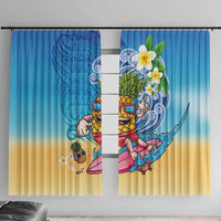 Hawaiian Funny Pineapple Surfing Window Curtain Beach with Tribal Kakau and Plumeria LT03 With Hooks Multicolor - Polynesian Pride
