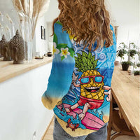 Hawaiian Funny Pineapple Surfing Women Casual Shirt Beach with Tribal Kakau and Plumeria
