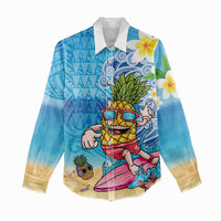 Hawaiian Funny Pineapple Surfing Women Casual Shirt Beach with Tribal Kakau and Plumeria