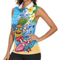Hawaiian Funny Pineapple Surfing Women Sleeveless Polo Shirt Beach with Tribal Kakau and Plumeria