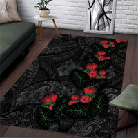 Hawaiian Taro Leaves and Ohia Lehua Area Rug Polynesian Tribal Art Tropical Plants Motifs Grayscale