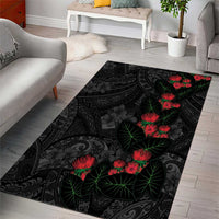 Hawaiian Taro Leaves and Ohia Lehua Area Rug Polynesian Tribal Art Tropical Plants Motifs Grayscale