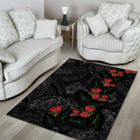 Hawaiian Taro Leaves and Ohia Lehua Area Rug Polynesian Tribal Art Tropical Plants Motifs Grayscale